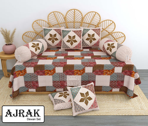 Ajrak Diwan Set with Foam 63 x 90 in - 8 Pcs (Design 1386)