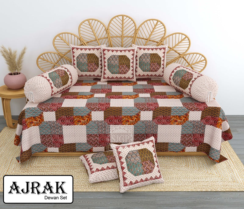 Ajrak Diwan Set with Foam 63 x 90 in - 8 Pcs (Design 1387)