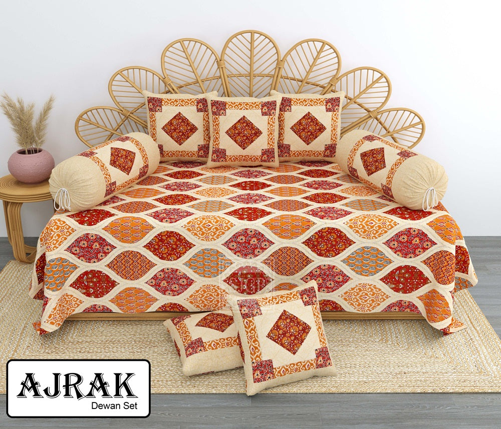 Ajrak Diwan Set with Foam 63 x 90 in - 8 Pcs (Design 1398)