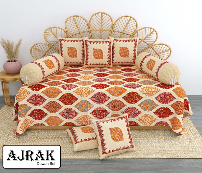 Ajrak Diwan Set with Foam 63 x 90 in - 8 Pcs (Design 1399)