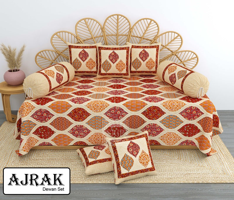 Ajrak Diwan Set with Foam 63 x 90 in - 8 Pcs (Design 1400)