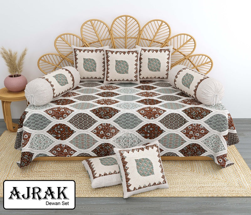 Ajrak Diwan Set with Foam 63 x 90 in - 8 Pcs (Design 1401)