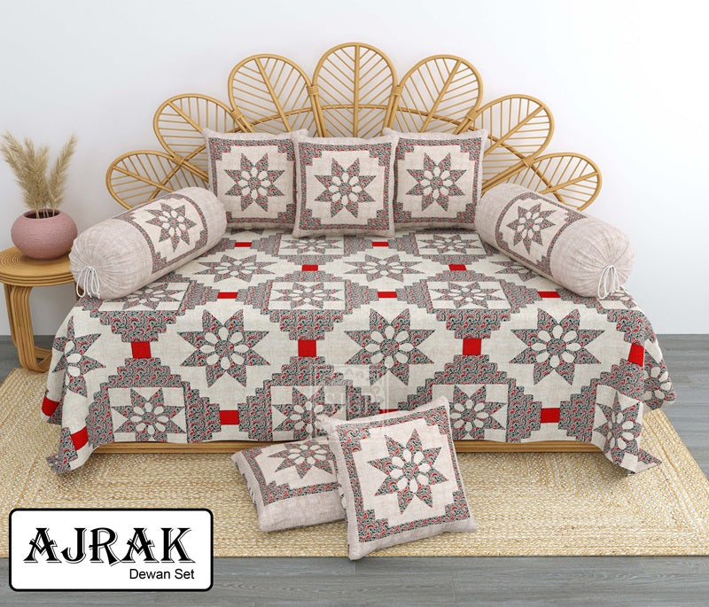 Ajrak Diwan Set with Foam 63 x 90 in - 8 Pcs (Design 1404)