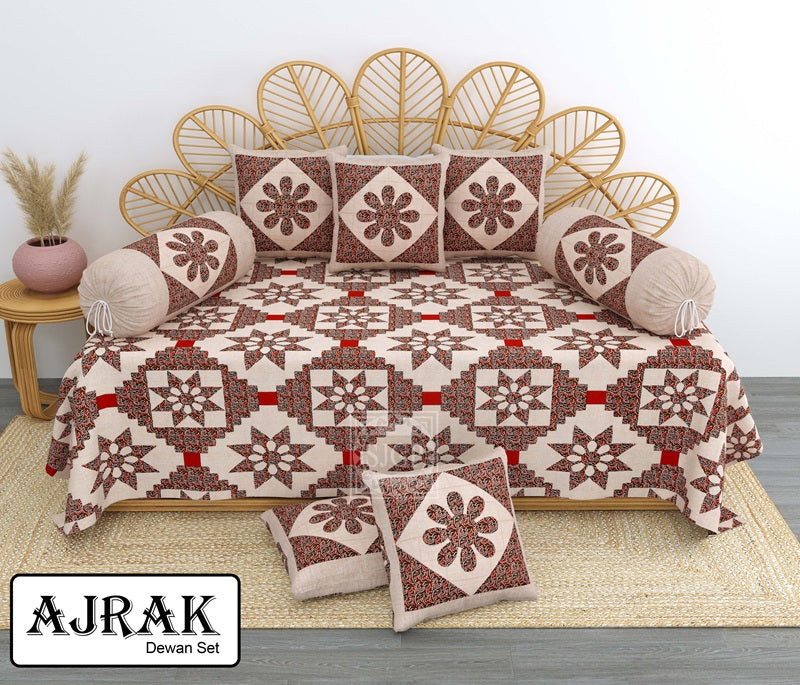 Ajrak Diwan Set with Foam 63 x 90 in - 8 Pcs (Design 1407)