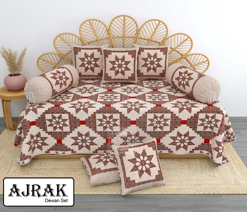 Ajrak Diwan Set with Foam 63 x 90 in - 8 Pcs (Design 1408)
