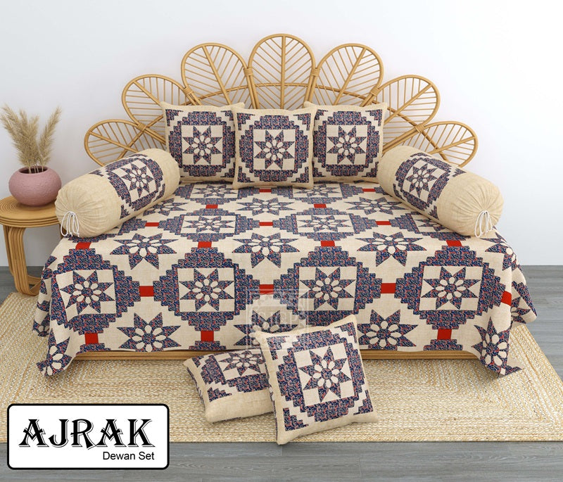 Ajrak Diwan Set with Foam 63 x 90 in - 8 Pcs (Design 1410)