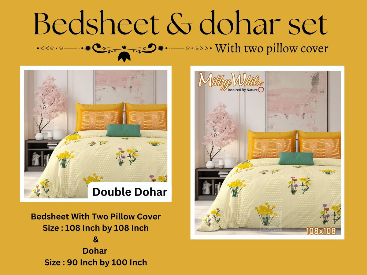 Milky White Dohar and Bedsheet Set 90 x 100 and 108 x 108 in - 4 Pcs (Design 1431)