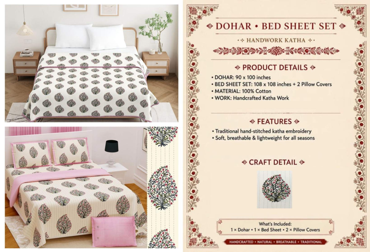 Handwork Katha Dohar and Bedsheet Set 90 x 100 and 108 x 108 in - 4 Pcs (Design 1899)