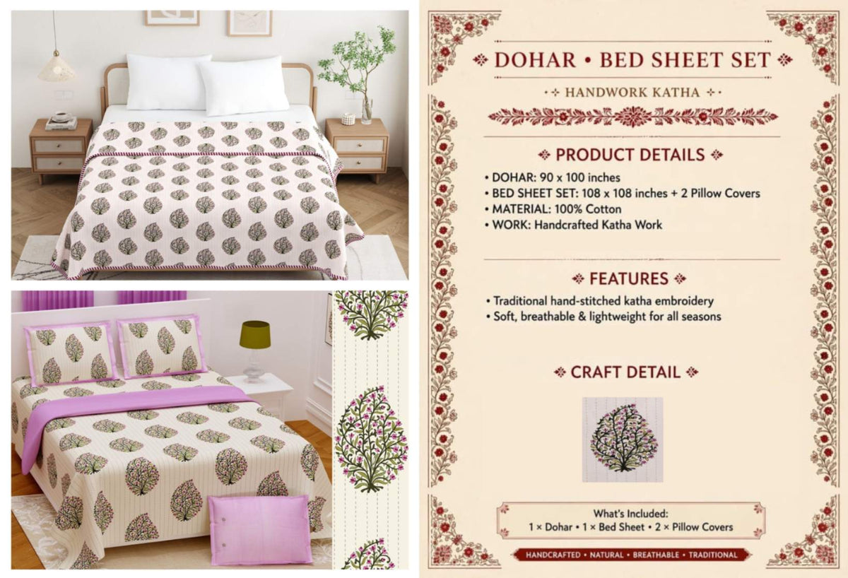 Handwork Katha Dohar and Bedsheet Set 90 x 100 and 108 x 108 in - 4 Pcs (Design 1901)