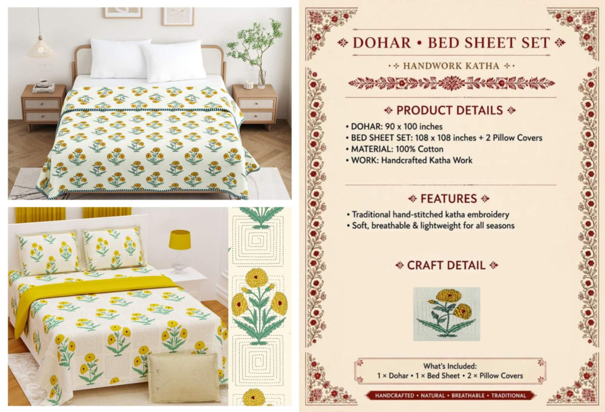 Handwork Katha Dohar and Bedsheet Set 90 x 100 and 108 x 108 in - 4 Pcs (Design 1905)