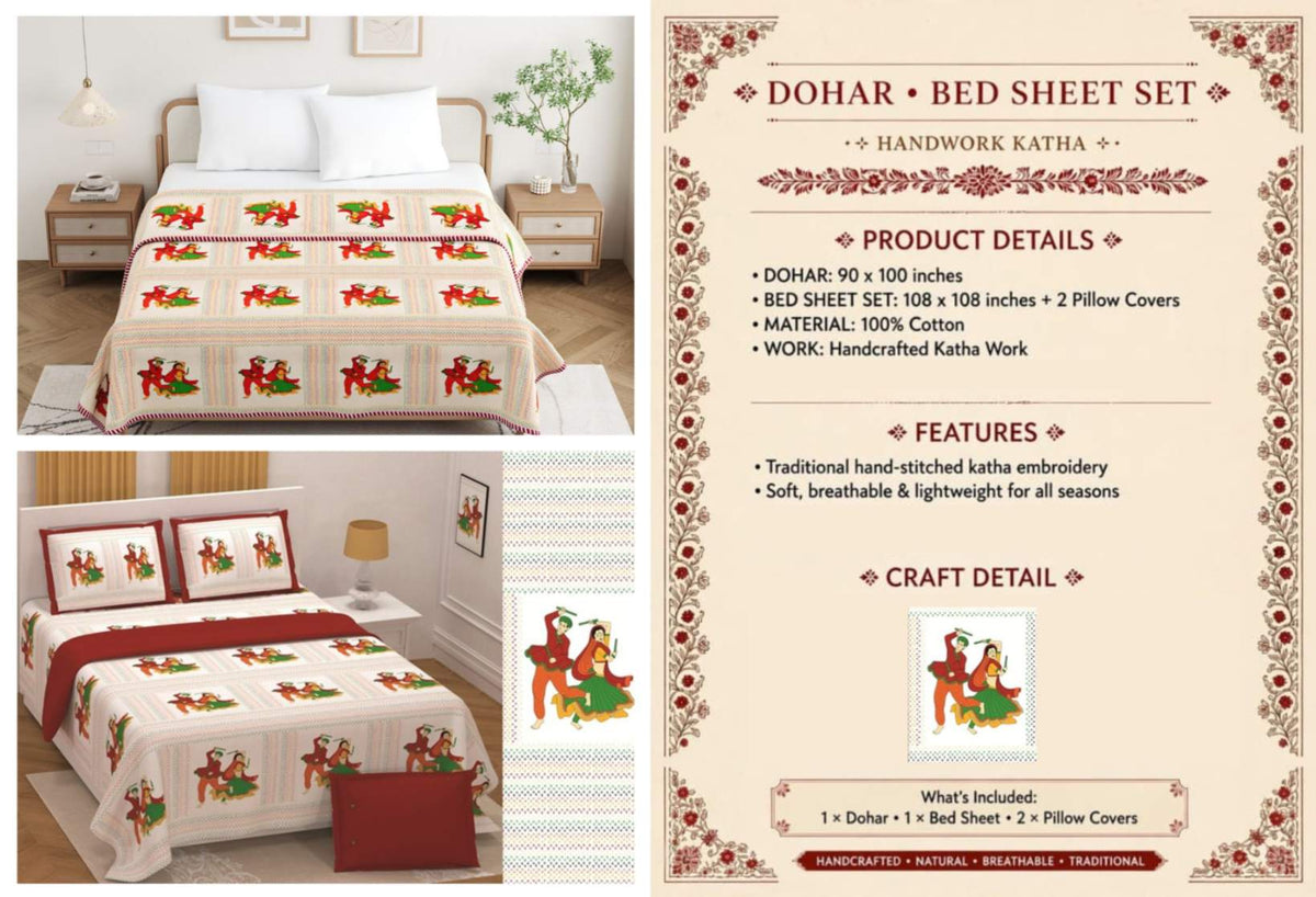 Handwork Katha Dohar and Bedsheet Set 90 x 100 and 108 x 108 in - 4 Pcs (Design 1908)