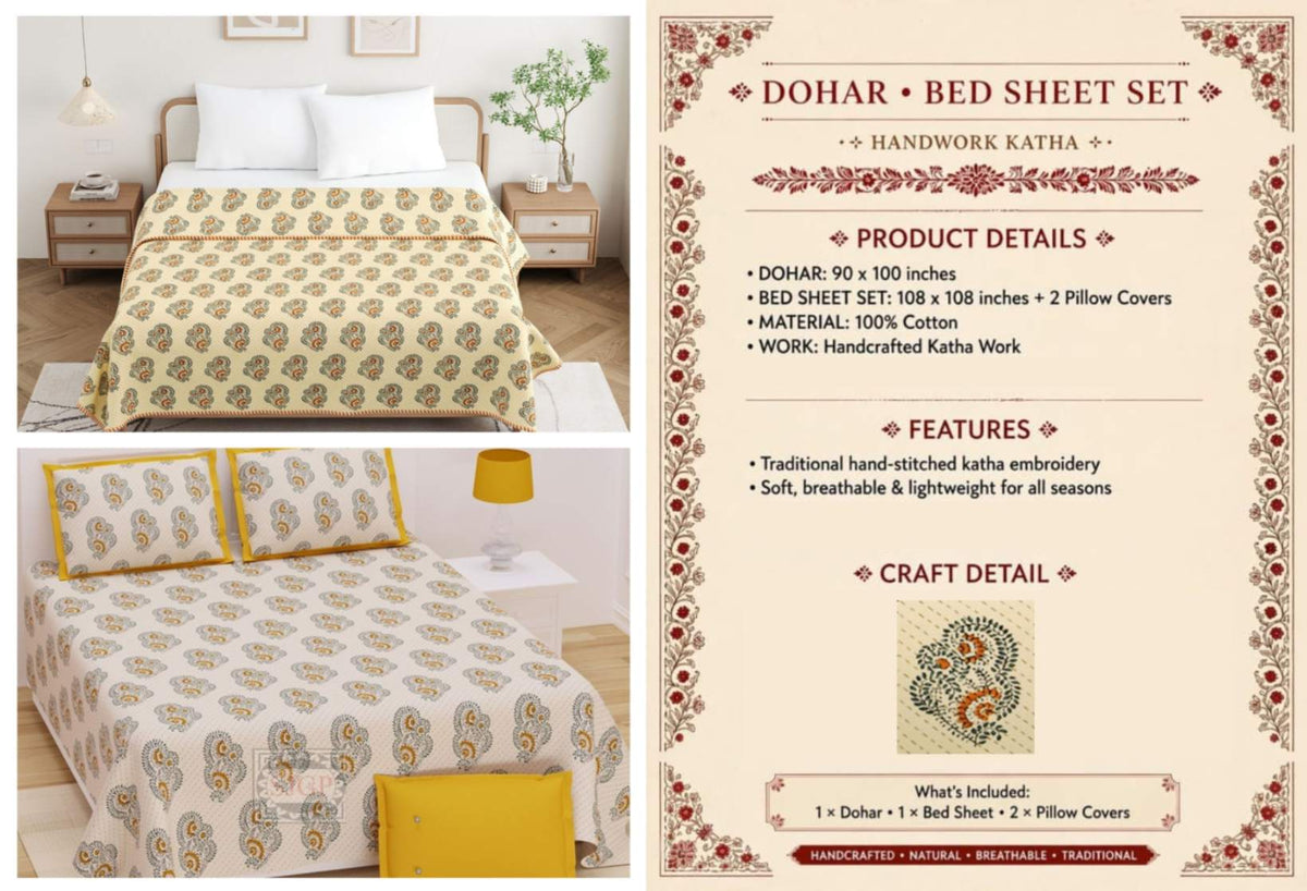 Handwork Katha Dohar and Bedsheet Set 90 x 100 and 108 x 108 in - 4 Pcs (Design 1911)