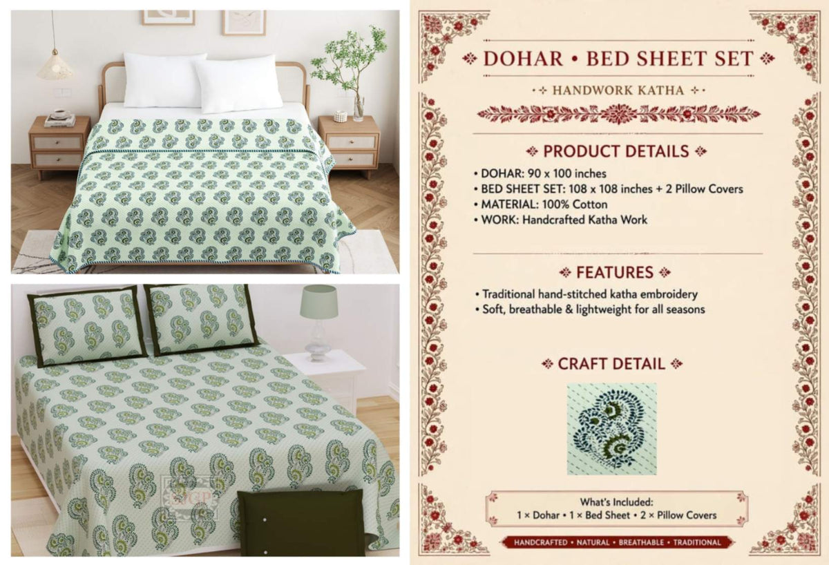 Handwork Katha Dohar and Bedsheet Set 90 x 100 and 108 x 108 in - 4 Pcs (Design 1912)