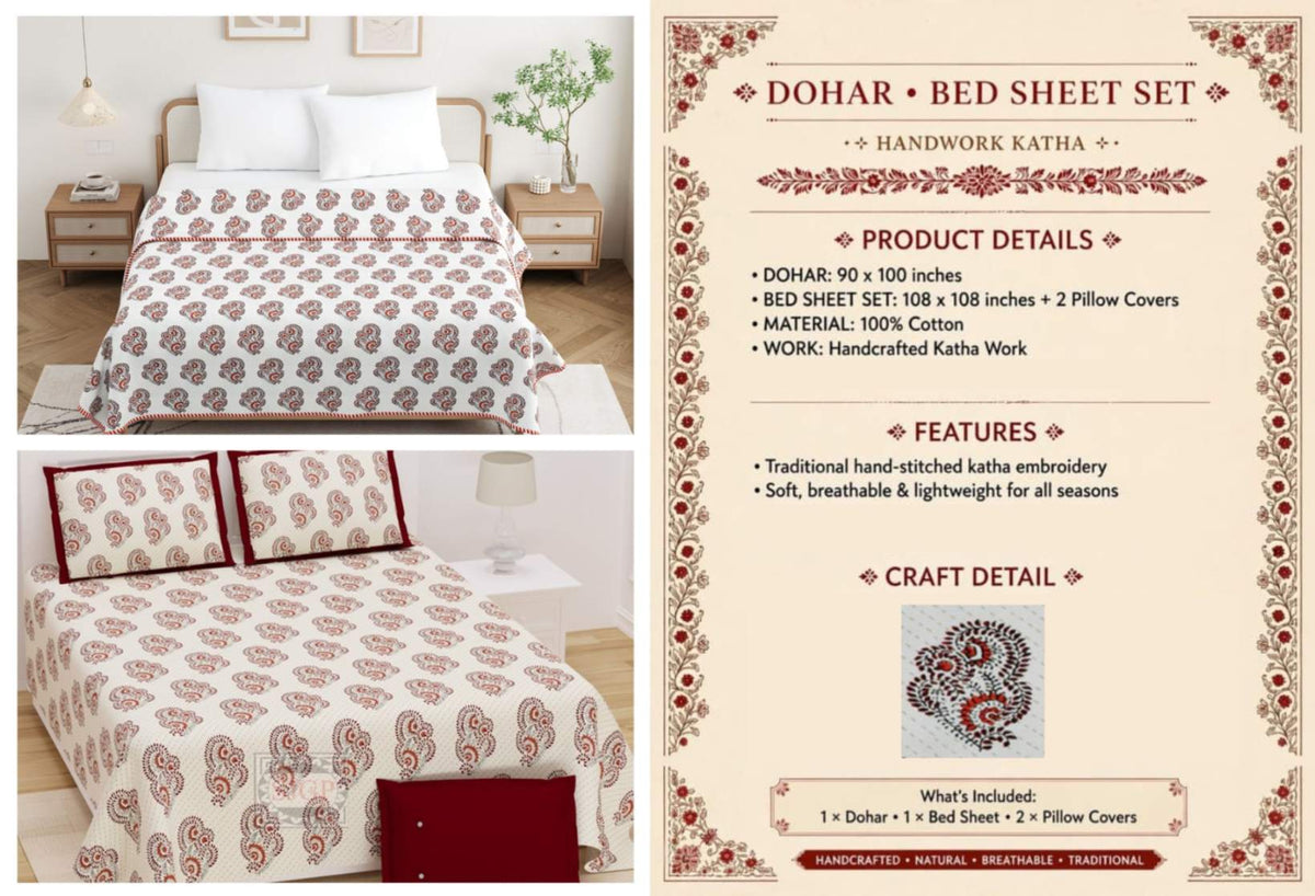 Handwork Katha Dohar and Bedsheet Set 90 x 100 and 108 x 108 in - 4 Pcs (Design 1913)
