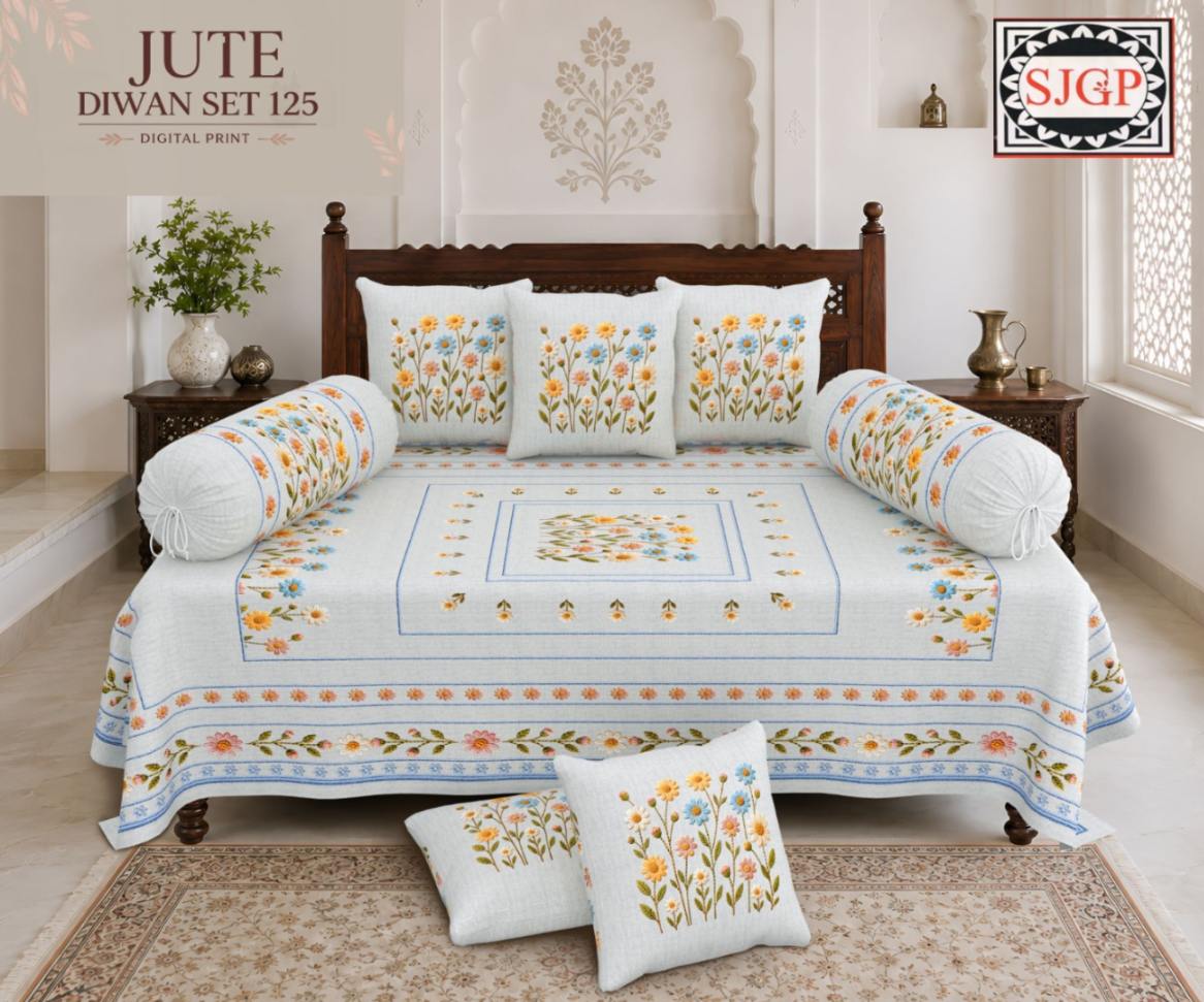 Jute (Digital Print) Diwan Set with Foam 70 x 100 in - 8 Pcs (Design 1922)