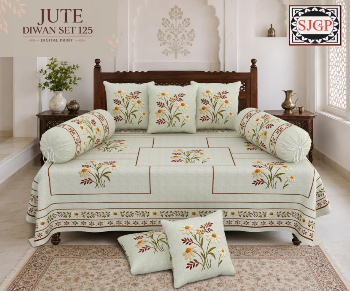 Jute (Digital Print) Diwan Set with Foam 70 x 100 in - 8 Pcs (Design 1917)