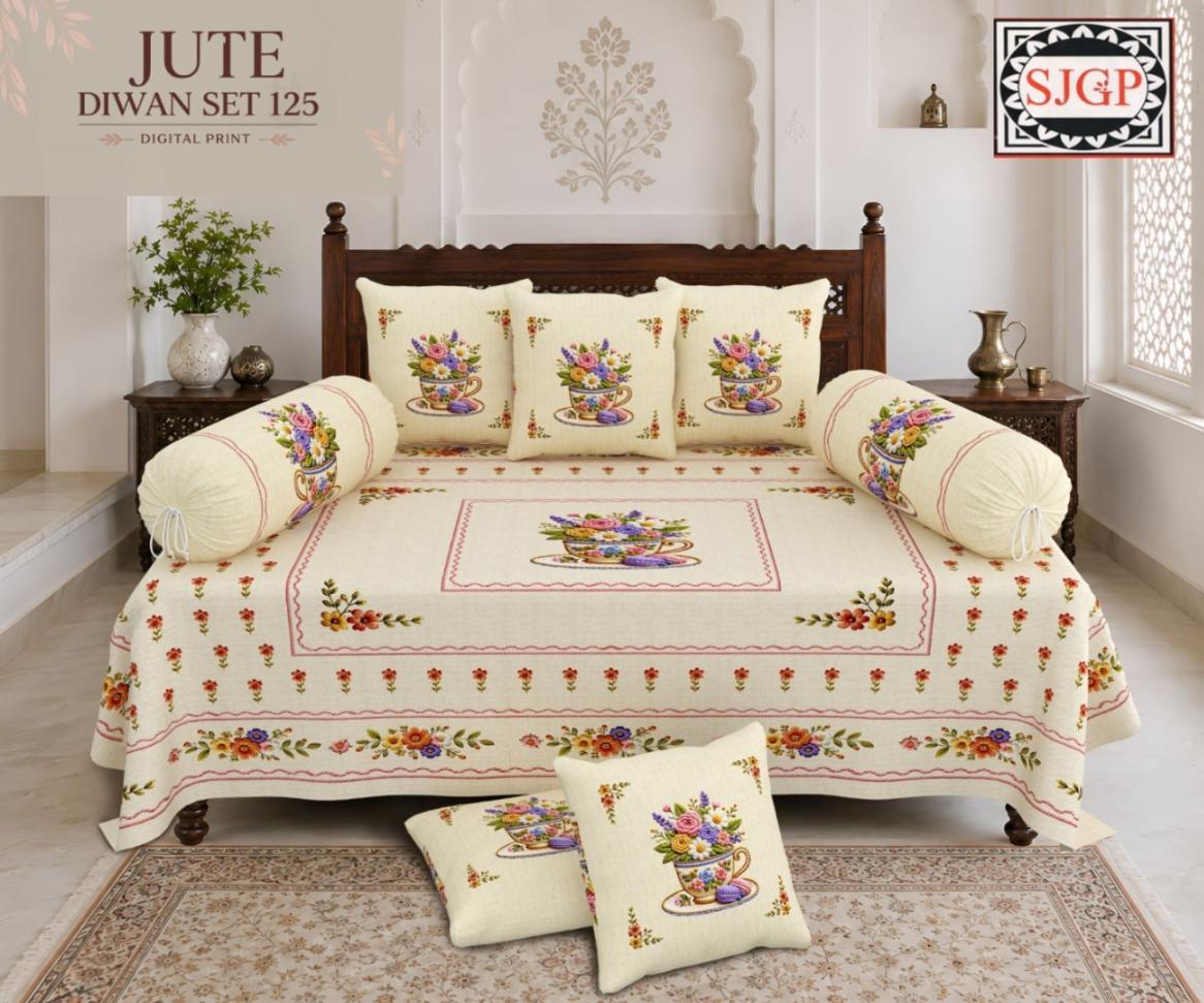 Jute (Digital Print) Diwan Set with Foam 70 x 100 in - 8 Pcs (Design 1918)
