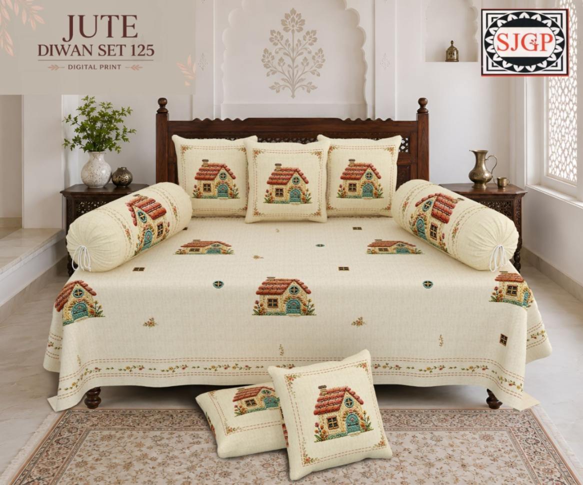 Jute (Digital Print) Diwan Set with Foam 70 x 100 in - 8 Pcs (Design 1919)