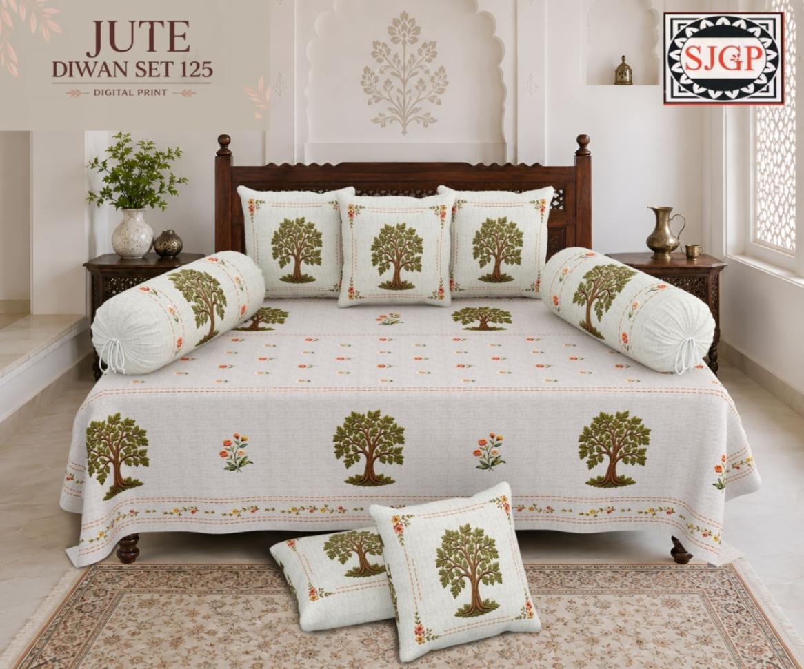 Jute (Digital Print) Diwan Set with Foam 70 x 100 in - 8 Pcs (Design 1920)