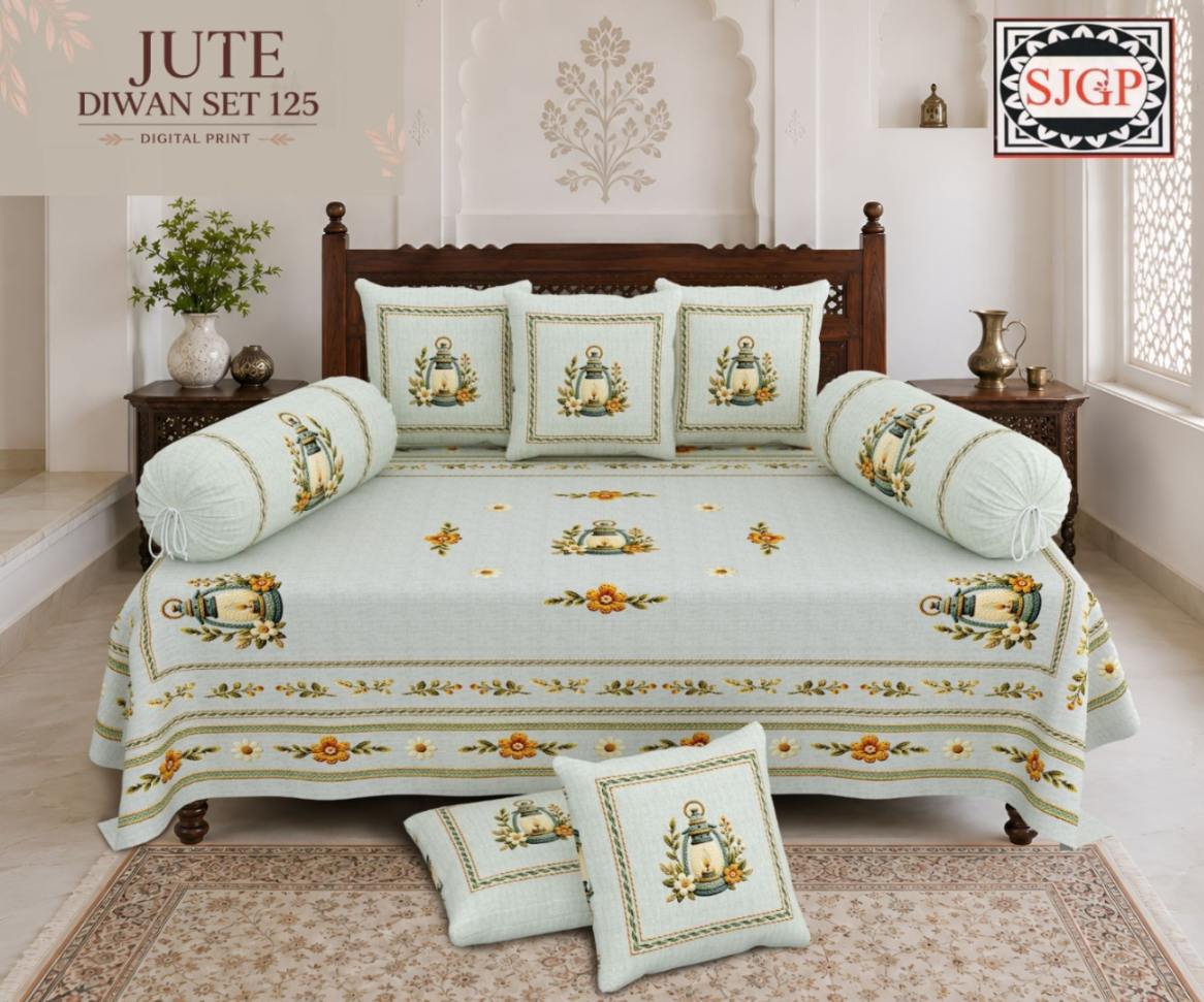 Jute (Digital Print) Diwan Set with Foam 70 x 100 in - 8 Pcs (Design 1921)