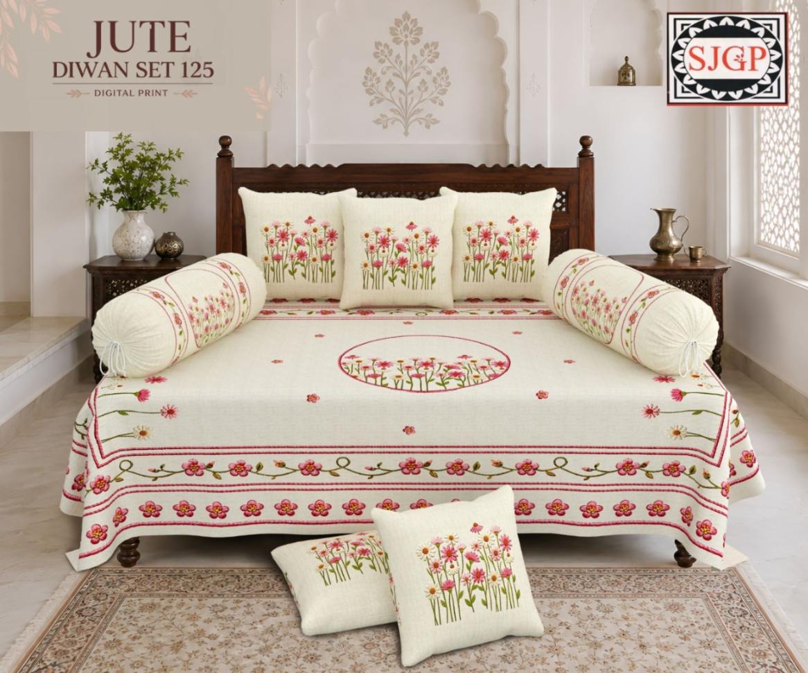 Jute (Digital Print) Diwan Set with Foam 70 x 100 in - 8 Pcs (Design 1923)