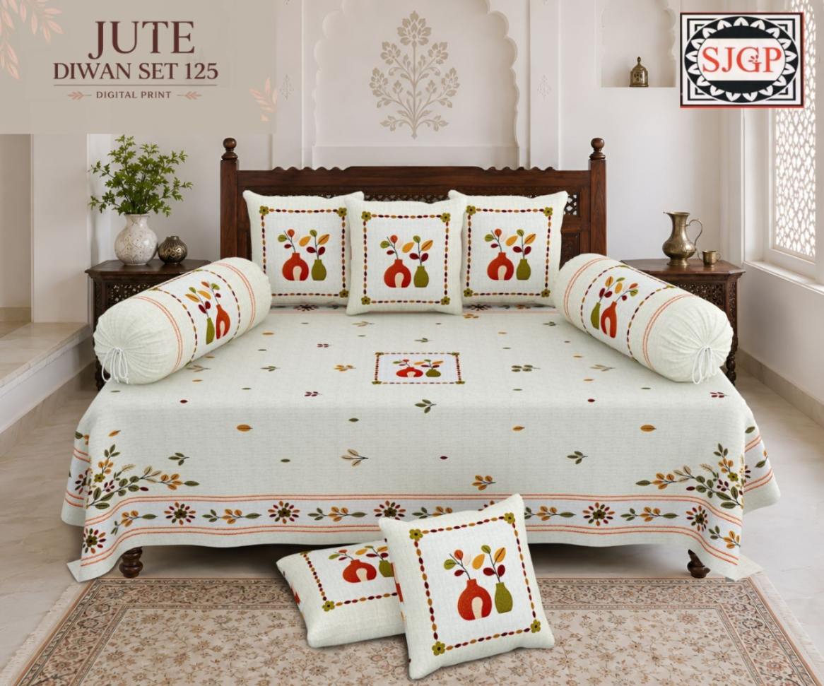 Jute (Digital Print) Diwan Set with Foam 70 x 100 in - 8 Pcs (Design 1925)