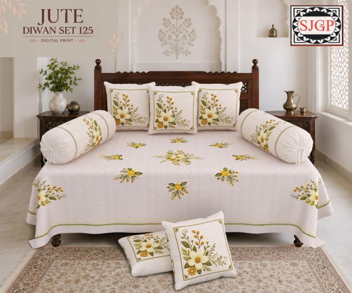 Jute (Digital Print) Diwan Set with Foam 70 x 100 in - 8 Pcs (Design 1926)