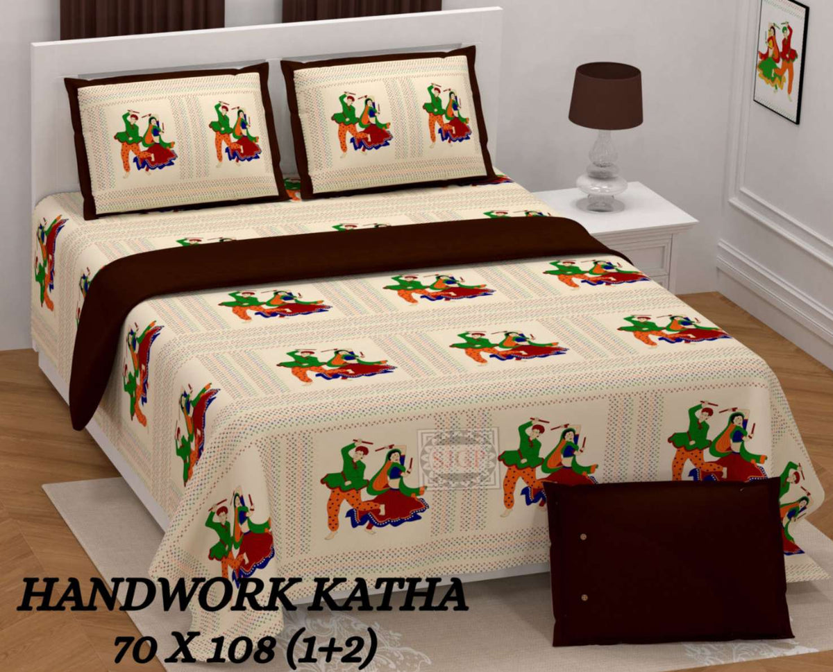 Handwork Katha Bedsheet Set 70 x 108 in - 3 Pcs (Design 2030)