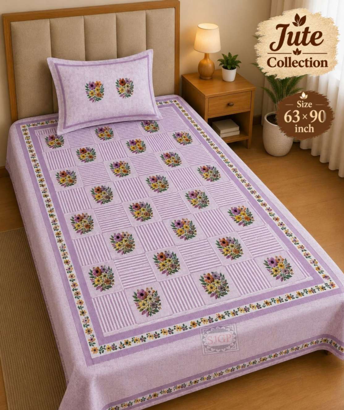 Jute Bedsheet Set 63 x 90 in - 4 Pcs (Design 2050)