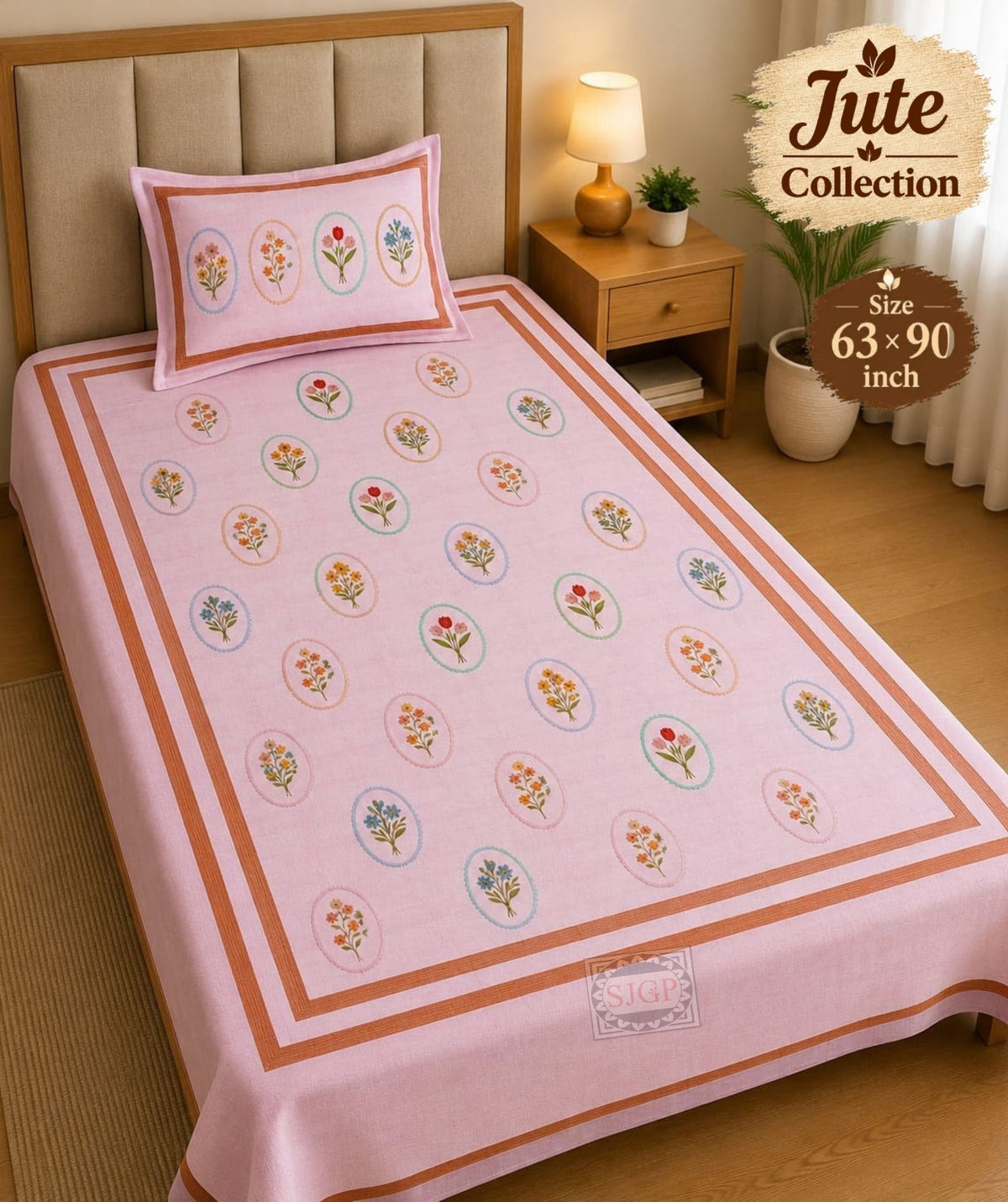 Jute Bedsheet Set 63 x 90 in - 4 Pcs (Design 2058)
