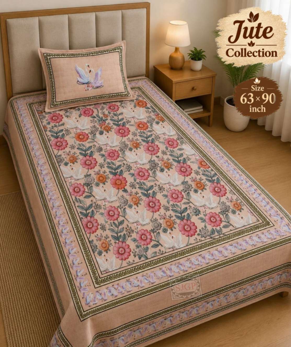 Jute Bedsheet Set 63 x 90 in - 4 Pcs (Design 2061)